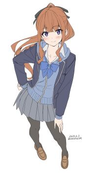 1girl absurdres black_pantyhose blue_bow blue_cardigan blue_jacket blush bow breasts brown_shoes cardigan closed_mouth collared_shirt grey_skirt hair_bow highres jacket long_hair long_sleeves looking_at_viewer open_clothes open_jacket orange_hair original pantyhose pleated_skirt purple_eyes school_uniform shirt shoes simple_background skirt smile solo unasaka_ryou white_background