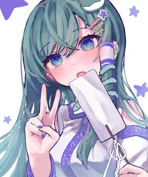 1girl ameshi_(rzuw4482) blue_eyes blue_nails blush breasts collared_shirt commentary detached_sleeves fang frog_hair_ornament gohei hair_ornament hairclip highres kochiya_sanae large_breasts long_hair long_sleeves looking_at_viewer nail_polish open_mouth shirt simple_background snake_hair_ornament solo touhou upper_body v white_background wide_sleeves wing_collar