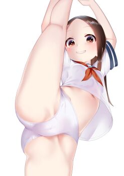 1girl babu blue_sailor_collar brown_eyes cameltoe clenched_teeth commentary female_focus flexible forehead from_below grin highres karakai_jouzu_no_takagi-san kneepits loli looking_at_viewer looking_down navel necktie panties parted_bangs red_necktie sailor_collar see-through_clothes see-through_shirt shirt short_sleeves simple_background sleeve_cuffs smile solo split spread_legs standing standing_on_one_leg standing_split takagi-san teeth underwear upper_body upshirt white_background white_panties white_shirt