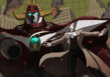 1boy afrody bandaged_head bandages big_duo black_pants brown_coat brown_vest building coat grin highres long_sleeves mecha neck_brace necktie open_clothes open_coat outstretched_arms pants robot schwarzwald shirt smile smoke standing the_big_o vest white_shirt