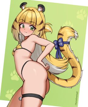1girl :3 animal_ears animal_print ass bell bikini blue_bow blush bow breasts brown_hair fang female_focus green_background green_eyes hand_on_own_hip jingle_bell ju_fufu kuroonehalf legs loli long_hair multicolored_hair orange_bikini orange_hair paw_print paw_print_background print_bikini small_breasts smile solo standing streaked_hair swimsuit tail tail_bow tail_ornament thigh_strap thighs tiger_ears tiger_girl tiger_print tiger_tail zenless_zone_zero