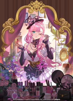 :o applying_eyeshadow applying_makeup applying_own_makeup aqua_eyes artist_name bag ball_gown black_dress black_hat braid breasts collarbone copyright_logo copyright_name detached_sleeves dress eyeshadow flower gloves hair_over_shoulder handbag hat highres hitokoto indoors lace lace_gloves lipstick logo low_side_ponytail makeup makeup_brush medium_breasts megurine_luka mirror nail_polish one_eye_closed phonograph piapro_studio picture_frame pink_hair reflection rose vase vocaloid white_dress window