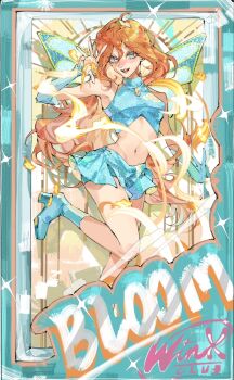 Rule 34 | 1girl, bloom (winx club), blue boots, blue eyes, blue skirt, boots, character name, commentary, copyright name, fairy, full body, hair between eyes, highres, long hair, looking at viewer, magical girl, midriff, navel, orange hair, realemonade, skirt, solo, sparkle, turtleneck, wings, winx club