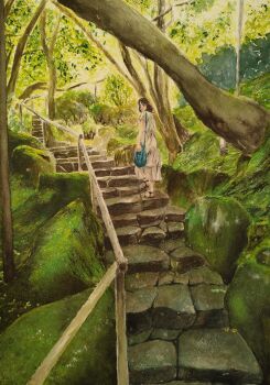 1girl bag blue_bag bush cobblestone dress handbag highres looking_at_viewer moss original painting_(medium) park plant railing shadow solo stairs sundress sunlight traditional_media tree watercolor_(medium) white_dress yuki_furasi