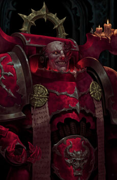 1boy absurdres adeptus_astartes adrian4rt armor bald black_sclera breastplate candle chaos_(warhammer) chaos_space_marine clawed_gauntlets colored_sclera commentary couter cuirass dark_apostle_(warhammer) demon_horns english_commentary gauntlets glowing glowing_eyes highres horns leg_armor male_focus mutant one_eye_covered orange_eyes pauldrons power_armor purity_seal red_armor red_light rerebrace scar scar_on_face sharp_teeth shoulder_armor skull solo space_marine teeth warhammer_40k word_bearers
