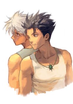 2boys absurdres back-to-back bare_shoulders black_eyes black_hair brown_eyes closed_mouth collarbone cropped_torso gon_freecss highres hunter_x_hunter jewelry killua_zoldyck kimgyunyu looking_to_the_side male_focus multiple_boys necklace pendant short_hair sideways_glance simple_background tank_top white_background white_hair white_tank_top