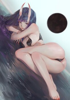 1girl absurdres alternate_hair_length alternate_hairstyle armpit_crease ass bikini black_bikini breasts cleavage closed_mouth commentary_request crossed_legs curved_horns curvy dutch_angle expressionless fate/grand_order fate_(series) fingernails full_body hair_spread_out highres horns large_breasts long_hair looking_at_viewer lying nail_polish nekobell on_side oni purple_eyes purple_hair red_lips red_nails shuten_douji_(fate) skin-covered_horns solo swimsuit tearing_up toenail_polish toenails yellow_pupils