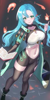 1girl absurdres asymmetrical_bangs black_background blue_hair book braid breasts casting_spell chloe_(fire_emblem) cleavage closed_mouth commentary_request fire fire_emblem fire_emblem_engage green_eyes hair_between_eyes highres holding holding_book index_finger_raised large_breasts long_hair midriff navel nintendo open_book parted_bangs sage_outfit_(fire_emblem_engage) single_braid smile solo standing tarutaru193