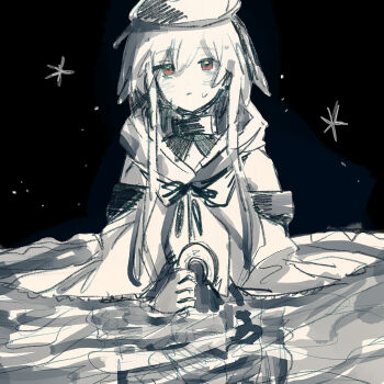 1boy arknights coffee_toranpu hat highres male_focus mizuki_(arknights) monochrome red_eyes short_hair solo spot_color