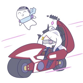 1boy 1girl ahoge alternate_costume black_halo blue_archive blue_shawl commentary cosplay d-wheel demon_girl demon_horns doodle_sensei_(blue_archive) english_commentary flying fudo_yusei fudo_yusei_(cosplay) glasses halo highres hina_(blue_archive) horns long_hair multiple_horns no_mouth purple_eyes riding sensei_(blue_archive) shawl sirokochu white_background yu-gi-oh! yu-gi-oh!_5d&#039;s