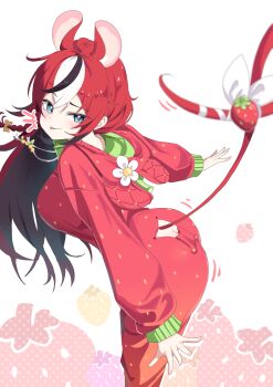 +++ 1girl :p absurdres ahoge animal_ear_fluff animal_ears ass ass_peek ass_shake black_hair black_streaks blue_eyes blush bow braid breasts cafelittle clothing_cutout commentary double-parted_bangs flower food from_side fruit hair_between_eyes hakos_baelz hakos_baelz_(strawberry_onesie) highres hololive hololive_english hood hood_down hooded_pajamas large_breasts laughing leaning_forward long_hair looking_at_viewer mouse_ears mouse_girl mouse_tail multicolored_hair official_alternate_costume onesie pajamas raised_eyebrow red_hair red_pajamas sideboob standing strawberry strawberry_background tail tail_bow tail_ornament tongue tongue_out virtual_youtuber white_background white_hair