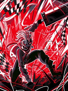 Rule 34 | abstract background, andaerz, arm support, black boots, black gloves, black pants, boots, character request, copyright request, fingerless gloves, gloves, glowing, glowing eyes, grey hair, grey shirt, highres, holding, holding weapon, huge weapon, jacket, landing, limited palette, long tongue, mask, on one knee, pants, red background, shirt, sword, tongue, tongue out, very long tongue, weapon