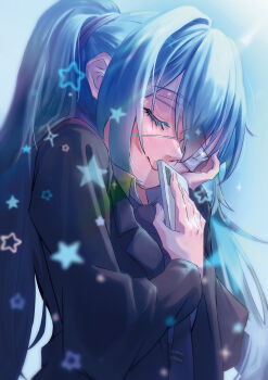 1girl absurdres altruist_0722 aqua_hair black_jacket blue_background blue_necktie blush cellphone closed_eyes closed_mouth commentary_request eyepatch freckles hand_on_own_cheek hand_on_own_face hatsune_miku highres holding holding_phone jacket long_hair long_sleeves monitoring_(vocaloid) necktie phone sidelocks smartphone solo tie_clip twintails upper_body