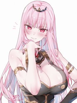 1girl absurdres armlet artist_name bare_shoulders black_dress black_nails black_tiara blush breasts cleavage dress fingernails grin hand_on_own_chin highres hololive hololive_english jewelry kamiya_maneki large_breasts long_hair looking_at_viewer mori_calliope mori_calliope_(1st_costume) nail_polish pink_eyes pink_hair signature simple_background single_bracer smile solo tiara twitter_username virtual_youtuber white_background