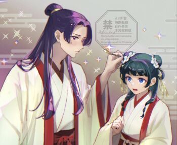 1boy 1girl beads blue_eyes blunt_bangs blush chii_(chi_hrd) chinese_hairpin commentary_request double_bun eyeshadow flower green_hair hair_beads hair_bun hair_flower hair_ornament half_updo jinshi_(kusuriya_no_hitorigoto) kusuriya_no_hitorigoto long_hair looking_at_another makeup maomao_(kusuriya_no_hitorigoto) open_mouth parted_bangs pink_eyes purple_hair red_eyeshadow robe sparkle twitter_username white_flower white_robe