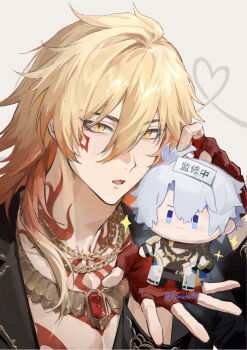 1boy :o akabane_yu bare_pectorals black_jacket blonde_hair blue_gem braid chain chain_necklace character_doll chest_tattoo doll facial_tattoo fingerless_gloves gem gloves gold_necklace gradient_hair highres holding holding_doll honkai:_star_rail honkai_(series) jacket jewelry long_sleeves male_focus medium_hair multicolored_hair mydei_(honkai:_star_rail) mydei_(nylon_japan)_(honkai:_star_rail) necklace official_alternate_costume open_clothes open_jacket pectorals phainon_(honkai:_star_rail) red_gloves red_hair red_tattoo side_braid solo tattoo yellow_eyes
