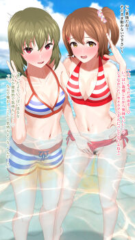 2girls absurdres bar_censor belly bikini blue_sky blush breasts censored cloud cloudy_sky embarrassed female_pubic_hair green_hair have_to_pee highres idolmaster idolmaster_million_live! kasuga_mirai looking_at_viewer medium_breasts multiple_girls nagayoshi_subaru navel ocean one_eye_closed open_mouth orange_eyes outdoors pee peeing peeing_together peeing_underwater photo_shoot ponytail pubic_hair pussy red_eyes red_hair scrunchie short_hair sky striped_clothes swimsuit toritori_miri translated bikini water