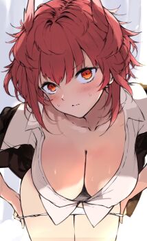 1girl arknights blush breasts cleavage closed_mouth collarbone collared_shirt commentary_request downblouse dress_shirt fiammetta_(arknights) hair_between_eyes highres kyuu_(plastic_night_q) looking_at_viewer medium_breasts panties panty_pull pulling_own_clothes red_eyes red_hair shirt solo sweat underwear v-shaped_eyebrows wavy_mouth white_panties white_shirt