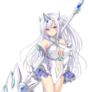 1girl :o bare_shoulders braid breasts chikubi_(artist) cleavage cleavage_cutout clothing_cutout covered_erect_nipples cowboy_shot elbow_gloves game_cg gloves hair_between_eyes holding holding_polearm holding_weapon kusarou large_breasts large_variant_set leotard long_hair looking_at_viewer magical_girl mahou_shoujo_inori mamiya_inori navel navel_cutout non-web_source official_art one_side_up open_mouth pink_eyes polearm purple_skirt red_eyes showgirl_skirt skirt solo spear standing thighhighs tiara transparent_background variant_set weapon white_hair white_leotard