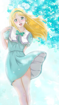 1girl :d absurdres alfin blonde_hair blush bow bowtie crusher_joe day dress green_bow green_bowtie green_dress green_eyes green_hairband h.i.t_(59-18-45) hairband highres long_hair looking_at_viewer open_mouth outdoors school_uniform serafuku smile solo standing sunlight wind