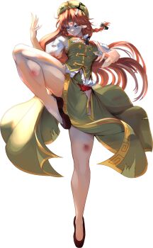 1girl absurdres arm_up bare_legs battle_damage beret black_bow blue_eyes bow braid breasts chinese_clothes cleavage commentary curtained_hair edz_drawz english_commentary fighting_stance flats floating_hair full_body gold_trim green_hat green_skirt green_vest hair_bow hat hat_ornament highres hong_meiling knee_up knife long_hair medium_breasts midriff_peek multiple_hair_bows open_mouth panties pelvic_curtain puffy_short_sleeves puffy_sleeves red_hair red_panties shirt short_sleeves side_braids side_slit sidelighting simple_background skirt skirt_set solo standing standing_on_one_leg star_(symbol) star_hat_ornament tears thighs torn_clothes torn_skirt torn_vest touhou underwear very_long_hair vest white_background white_shirt wind wind_lift