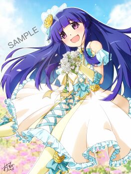 1girl :d alternate_costume aqua_bow bare_shoulders blue_hair blunt_bangs blunt_ends blurry blurry_background bouquet bow bridal_veil commentary_request commission day dress dress_bow dress_flower floating_hair flower frilled_dress frills furude_rika hair_flower hair_ornament hands_up happy highres higurashi_no_naku_koro_ni hime_cut holding holding_bouquet lens_flare long_hair looking_at_viewer open_mouth oshinobi_shinobu outdoors outline purple_eyes rose sample_watermark sidelocks signature skeb_commission sleeveless sleeveless_dress smile solo tareme veil very_long_hair watanabe_akio_(style) watermark wedding_dress white_dress white_flower white_outline white_rose yellow_flower yellow_rose