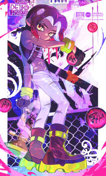 1boy absurdres black_boots black_gloves black_hair boots border braid closed_mouth dark_skin eeju from_side full_body gloves gun highres holding holding_gun holding_weapon ink inkling_(language) looking_at_viewer male_focus nintendo octoling octoling_boy octoling_player_character pants scar scar_on_stomach solo splatoon_(series) splatoon_2 tentacle_hair torn_clothes torn_pants weapon white_border white_pants yellow_eyes