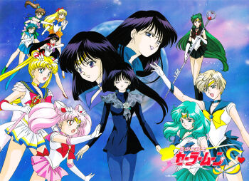 1990s_(style) 6+girls absurdly_long_hair aino_minako bishoujo_senshi_sailor_moon bishoujo_senshi_sailor_moon_s breasts chibi_usa cone_hair_bun dress earrings earth_(planet) elbow_gloves everyone gloves grin hair_bun highres hino_rei jewelry kaiou_michiru kino_makoto logo long_hair magical_girl meiou_setsuna miniskirt mistress_9 mizuno_ami multiple_girls multiple_persona official_art open_mouth pantyhose planet retro_artstyle sad sailor_chibi_moon sailor_jupiter sailor_mars sailor_mercury sailor_moon sailor_neptune sailor_pluto sailor_saturn sailor_senshi_uniform sailor_uranus sailor_venus scan short_hair skirt small_breasts smile super_sailor_moon teamwork tears ten&#039;ou_haruka toei_company tomoe_hotaru tsukino_usagi twintails very_long_hair white_gloves wide_hips