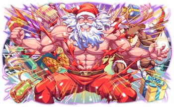 2boys abs animal_ears antlers bare_arms bare_legs bare_pectorals bare_shoulders beard bell belt black_sclera blue_bow blue_ribbon bow box brown_belt brown_fur cel_shading christmas clenched_hand clenched_teeth closed_mouth colored_sclera crash_fever deer_antlers deer_ears diagonal-striped_bow drooling emphasis_lines facial_hair game_cg gift gift_box hat holding holding_sack horns looking_at_viewer male_focus medium_hair mouth_drool multiple_boys muscular muscular_male mustache neck_bell no_shirt official_art open_mouth outline pants pectorals pinstripe_pattern polka_dot pom_pom_(clothes) puffy-trimmed_hat puffy-trimmed_shorts red_eyes red_hat red_outline red_pants red_shorts reindeer ribbon sack saliva santa_claus santa_hat saturated shield shorts simple_background snow solo_focus straight-on striped_bow tachi-e teeth tied_beard torn_clothes torn_coat torn_pants transparent_background vertical-striped_ribbon white_hair white_pom_poms yellow_bow