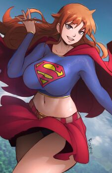 Rule 34 | 1girl, artist name, belt, belt buckle, blue skirt, blue sky, breasts, brown eyes, buckle, cape, clothes lift, cloud, cloudy sky, collarbone, commentary, cosplay, cowboy shot, cropped shirt, dc comics, floating hair, funi xd, hand up, highres, large breasts, long hair, long sleeves, looking at viewer, midriff, miniskirt, nami (one piece), navel, one piece, open mouth, orange hair, outdoors, red cape, red skirt, skin tight, skirt, skirt lift, sky, solo, supergirl, supergirl (cosplay), superhero costume, superman (series), superman logo, thighs, wavy hair