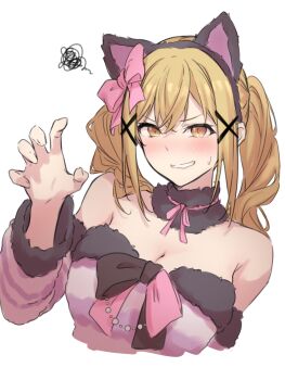 1girl animal_ear_hairband animal_ears bang_dream! breasts brown_eyes brown_hair claw_pose cleavage commentary crossed_bangs detached_sleeves fake_animal_ears fur-trimmed_shirt fur_trim hair_ornament hairband highres ichigaya_arisa kanade_(kanade_3344) long_hair neck_ribbon pink_ribbon ribbon shirt sidelocks simple_background solo strapless strapless_shirt twintails white_background x_hair_ornament