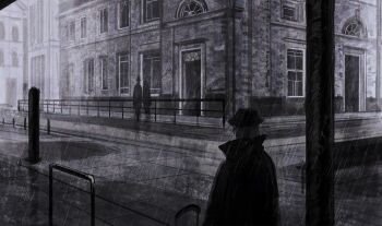 3others ambiguous_gender black_coat building coat commentary dark full_body hat highres monochrome multiple_others original outdoors popped_collar puddle railing rain revol4357 road standing street symbol-only_commentary walking