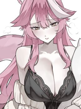 1girl absurdres alternate_costume animal_ear_fluff animal_ears babydoll bare_shoulders black_babydoll black_nightgown breasts cleavage collarbone dress ewn eyeshadow frilled_nightgown hair_intakes highres hololive hololive_english lace-trimmed_nightgown large_breasts long_hair looking_at_viewer makeup multicolored_hair nightgown panther_ears panther_girl panther_tail pink_eyeshadow pink_hair pink_tail raora_panthera see-through_clothes see-through_nightgown simple_background solo steaming_body streaked_hair sweater tail two-tone_hair virtual_youtuber white_background white_hair yellow_eyes