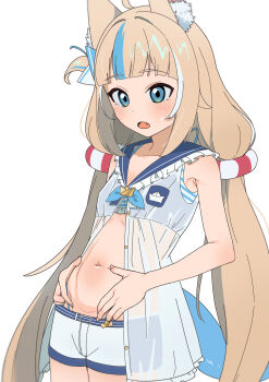 1girl absurdres animal_ear_fluff animal_ears bikini bikini_top_only blonde_hair blue_eyes blue_sailor_collar blunt_bangs blush collarbone commentary cowboy_shot dress fang flat_chest hands_on_own_stomach highres indie_virtual_youtuber long_hair low_twintails multicolored_hair navel open_clothes open_dress open_mouth pash-uwu sailor_collar sameko_saba see-through_clothes see-through_dress shoes short_shorts shorts simple_background sleeveless sleeveless_dress solo standing stomach streaked_hair striped_bikini striped_clothes swimsuit twintails very_long_hair virtual_youtuber white_background white_dress white_shoes