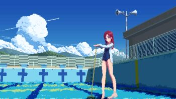 1girl animated animated_gif barefoot blue_one-piece_swimsuit blue_sky cloud contrail cumulonimbus_cloud day fence grin half_updo jacket kuuchuu_roukaku legs long_hair looping_animation mop mountain one-piece_swimsuit original outdoors pixel_art pool public_address_system red_hair sky smile solo sparkle speaker standing swimsuit water