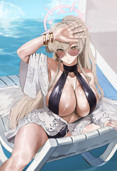 1girl absurdres arm_up black_one-piece_swimsuit blue_archive bracelet breasts cleavage curvy earrings gcg gold_bracelet halo highres hoop_earrings jewelry large_breasts long_hair looking_at_viewer nagisa_(blue_archive) one-piece_swimsuit open_clothes open_shirt shirt sitting solo spread_legs sunglasses swimsuit thighs very_long_hair water wet white_shirt