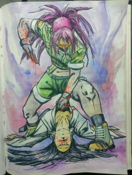 absurdres bad_tag blood blood_on_face highres ikari_warriors kagura_chizuru leona_heidern orochi_leona snk the_king_of_fighters the_king_of_fighters_&#039;97 unconscious