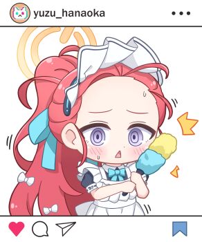 1girl ^^^ absurdres apron aqua_bow aqua_bowtie aqua_ribbon black_dress blue_archive blush bow bowtie character_name chibi chibi_only collared_dress commentary_request contrast_collar dot_nose dress duster fake_screenshot forehead frilled_apron frills hair_bow hair_ribbon halo heart highres holding holding_duster long_hair looking_at_viewer maid maid_apron maid_headdress millennium_science_school_logo neguse1233 official_alternate_costume official_alternate_hairstyle open_mouth ponytail power_symbol puffy_short_sleeves puffy_sleeves purple_eyes red_hair ribbon ringed_eyes short_sleeves simple_background solo sweat triangle_mouth upper_body very_long_hair white_apron white_background white_bow white_headdress yellow_halo yuzu_(blue_archive) yuzu_(maid)_(blue_archive)