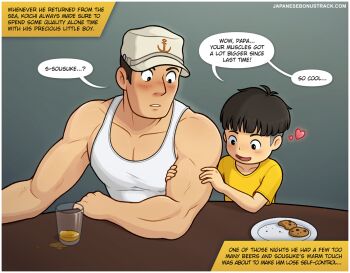 2boys age_difference alcohol bara beer biceps black_eyes blush border buzz_cut cookie drunk english_text fangs father_and_son food gake_no_ue_no_ponyo hand_on_another&#039;s_arm hat heart incest japanesebonustrack koichi_(ponyo) kouichi_(ponyo) looking_at_another male_focus multiple_boys muscular muscular_male onii-shota open_mouth pectoral_cleavage pectorals plate sailor_hat shirt short_hair shota sousuke_(ponyo) speech_bubble table talking tank_top undercut very_short_hair white_border white_tank_top yaoi yellow_shirt