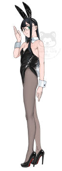 1girl absurdres animal_ear_hairband animal_ears black_bow black_bowtie black_hair black_leotard black_pantyhose black_shoes bow bowtie detached_collar fake_animal_ears full_body glasses green_eyes hairband high_heels highres kantai_collection leotard long_hair ojipon ooyodo_(kancolle) pantyhose playboy_bunny rabbit_ears rabbit_tail see-through_strap shoes simple_background solo tail watermark white_background wrist_cuffs