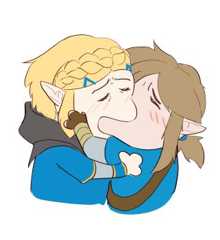1boy 1girl absurdres blonde_hair blush braid brown_hair chibi chibi_only closed_eyes fingerless_gloves gloves highres hood hug kiss link long_sleeves meme nintendo pointy_ears pomelomelon ponytail princess_zelda short_hair the_legend_of_zelda the_legend_of_zelda:_tears_of_the_kingdom white_background yoshi_and_toad_kissing_(meme)