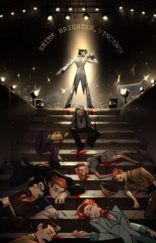 Rule 34 | 1girl, 6+boys, black-framed eyewear, black necktie, black shoes, blood, blood from forehead, blood from mouth, blood on clothes, blood on ground, blue necktie, blue suit, bow, bowtie, brighter (hazbin hotel), brown hair, closed eyes, closed mouth, commentary, dessa nya, english commentary, english text, formal clothes, hazbin hotel, hellaverse, high heels, highres, holding, holding microphone, holding sign, microphone, multicolored hair, multiple boys, necktie, on stairs, open mouth, orange hair, purple suit, red bow, red bowtie, red necktie, shoes, short hair, short sleeves, sign, stage lights, standing, suit, teeth, two-tone hair, vox (hazbin hotel), vox (human) (hazbin hotel), white hair, white suit, yellow suit