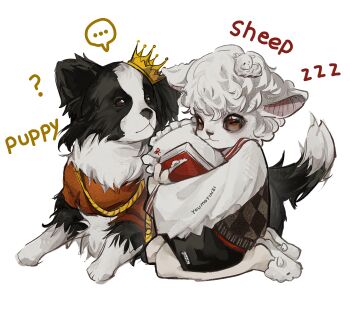 ... 1girl ? animal_head animal_slippers barbara_(reverse:1999) black_skirt border_collie brown_eyes crown dog english_text full_body grey_vest hair_ornament highres horizontal_pupils hugging_object looking_at_another miniskirt pickles_(reverse:1999) pillow pillow_hug reverse:1999 seiza sheep_girl sheep_hair_ornament sheep_head sheep_slippers shirt sitting skirt slippers solo speech_bubble spoken_ellipsis vest white_background white_shirt youmo_yinzi zzz