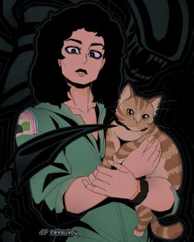 Rule 34 | 1girl, 1other, alien, alien (1979), alien (series), animal, black eyes, black hair, cat, collarbone, commentary, ellen ripley, english commentary, eyeliner, green jumpsuit, highres, holding, holding animal, holding cat, jones (alien), jumpsuit, lips, looking at viewer, makeup, orange cat, reksukoy, solo focus, two-tone lips, xenomorph