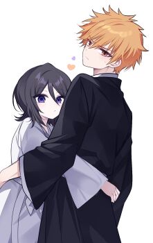 1boy 1girl black_hair black_kimono bleach closed_mouth commentary_request g_ieep hair_between_eyes heart height_difference highres hug japanese_clothes kimono korean_commentary kuchiki_rukia kurosaki_ichigo long_sleeves looking_at_viewer orange_eyes orange_hair purple_eyes short_hair sweatdrop white_background white_kimono