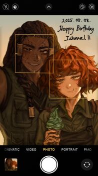 2girls asianpinglordd brown_hair cellphone collared_shirt dark-skinned_female dark_skin dated dreadlocks facial_recognition facial_tattoo fake_phone_screenshot fake_screenshot food food_on_face freckles green_eyes green_shirt happy_birthday highres holding holding_ice_cream_cone ice_cream ice_cream_cone ishmael_(project_moon) limbus_company long_hair looking_at_viewer multiple_girls orange_hair phone project_moon queequeg_(project_moon) selfie shirt short_hair sidelocks smartphone smile sunset taking_picture tattoo user_interface very_long_hair