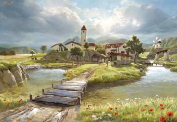 artist_name blunell_(artist) bridge building cloud commentary english_commentary european_architecture flower grass highres landscape nature original outdoors path red_flower river road signature sky tree village water watermark white_flower windmill