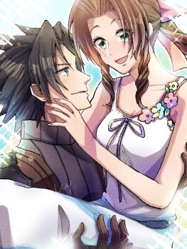 1boy 1girl aerith_gainsborough bare_shoulders black_hair blue_sweater blush brown_gloves brown_hair carrying closed_mouth commentary_request couple crisis_core:_final_fantasy_vii dress drill_hair drill_sidelocks final_fantasy final_fantasy_vii flower_dress gloves green_eyes hair_ribbon hetero highres long_hair looking_at_another open_mouth parted_bangs pink_ribbon princess_carry ribbon sidelocks signature sin_3794 sleeveless sleeveless_turtleneck smile sparkle spiked_hair sweater turtleneck turtleneck_sweater upper_body white_dress zack_fair