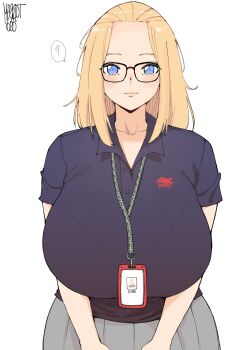 1girl ? absurdres bangs_pinned_back blonde_hair blue_eyes blush bralines breasts buttons closed_mouth collarbone collared_shirt facing_viewer glasses highres huge_breasts id_card inne_sulistya_robin lacoste lanyard lips long_hair norman_maggot original pleated_skirt shirt short_sleeves signature skirt standing