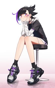 1girl absurdres bar_stool bare_legs black_choker black_hair black_shoes black_socks blunt_bangs choker commentary drawstring full_body hands_on_own_cheeks hands_on_own_face head_rest highres hood hood_down knees_together_feet_apart layered_sleeves long_sleeves multicolored_hair nail_polish original purple_eyes purple_hair purple_nails shoes short_over_long_sleeves short_sleeves single_hair_streak sirena_(tostantan) sitting sleeves_past_wrists sneakers socks solo stool symbol-only_commentary tostantan two-tone_hair